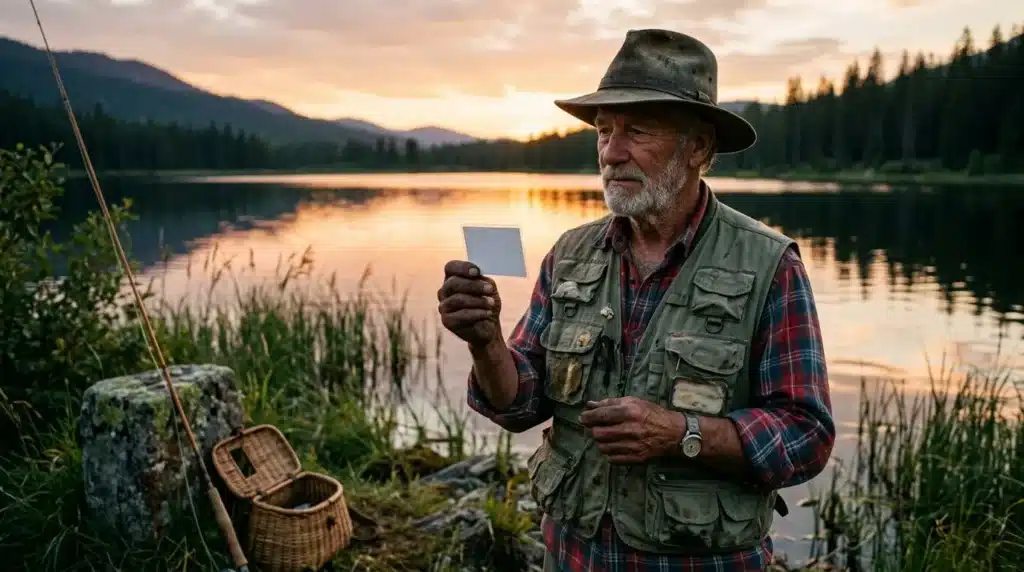 Homme pêcheur tenant tablette numérique au bord d'un lac montagneux