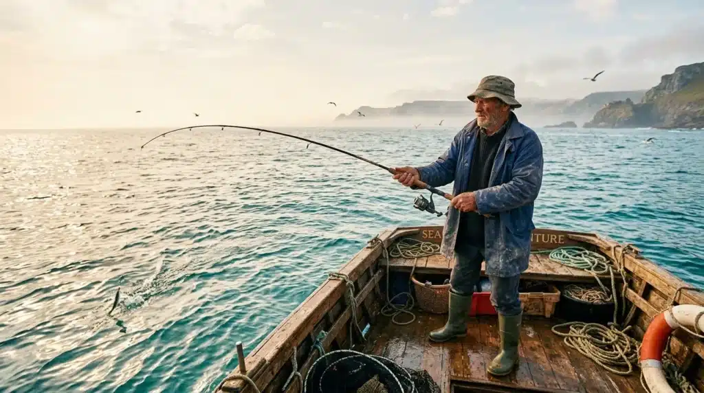 Pêcheur âgé pêchant depuis un bateau en bois