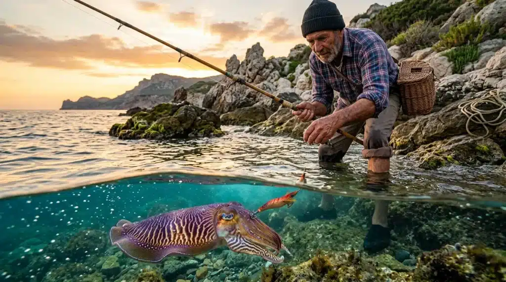 Pêcheur observant une seiche colorée dans l'eau turquoise côtière