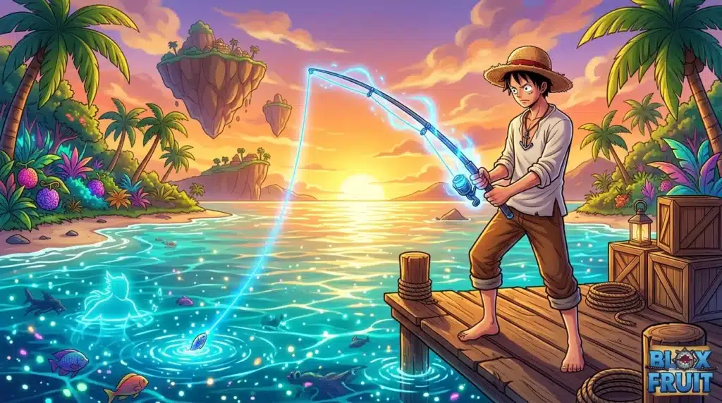 Homme pêchant avec épée lumineuse dans eau magique