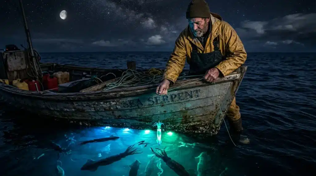 Pêcheur en bateau utilisant leurre lumineux la nuit