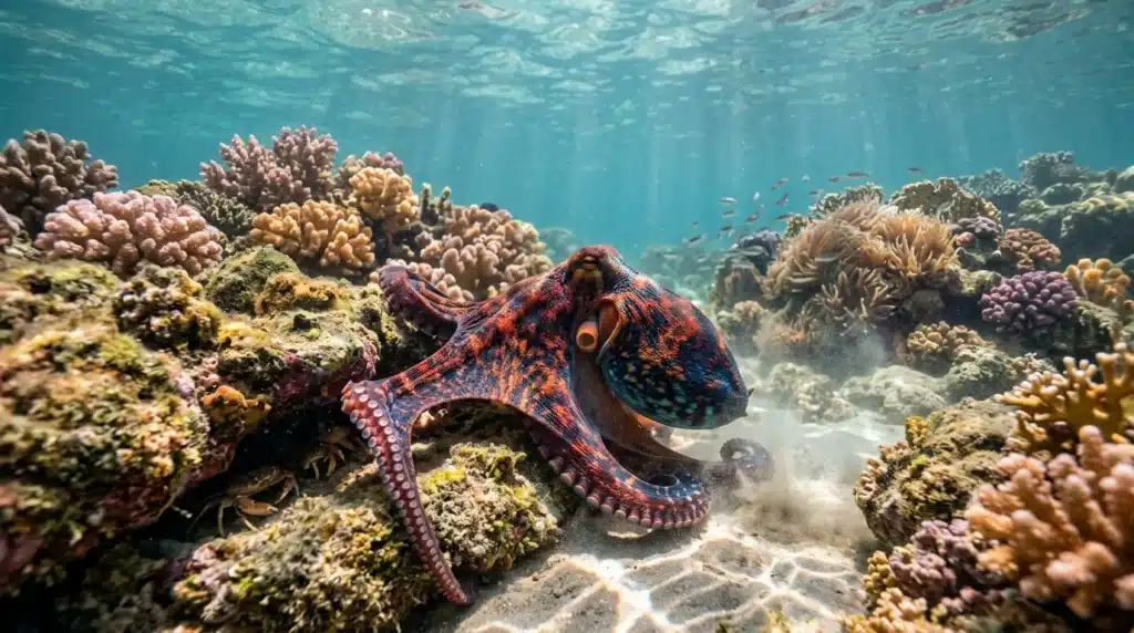 Pieuvre rouge et bleue parmi les coraux colorés du récif