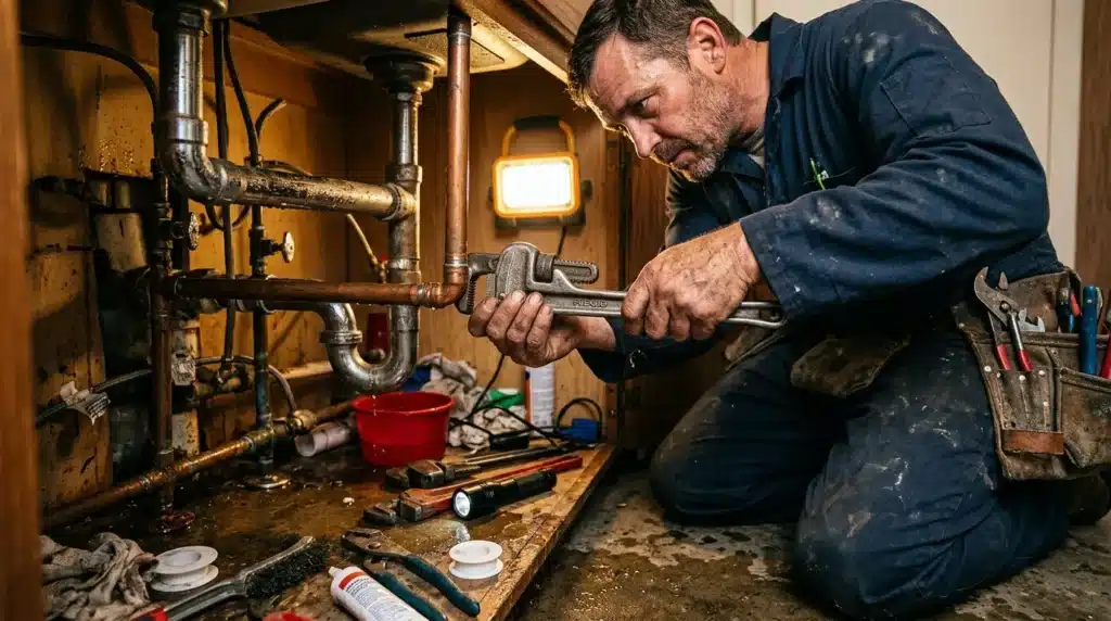 Plombier utilisant une clé pour réparer des tuyaux en cuivre