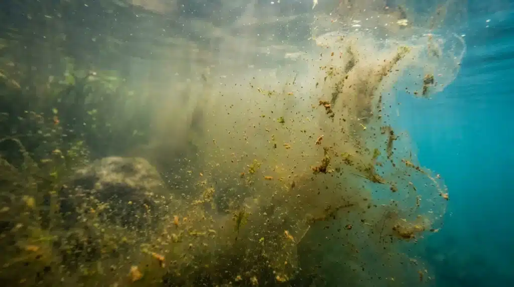 Débris flottants et algues dans eau trouble turquoise