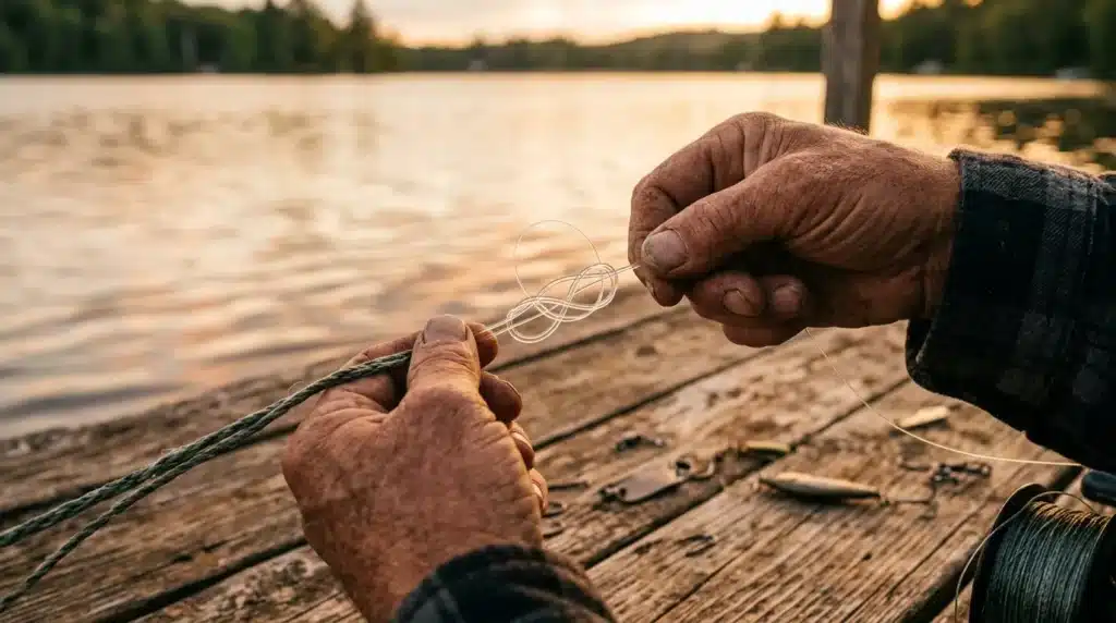 Mains attachant hameçon à ligne de pêche près du lac