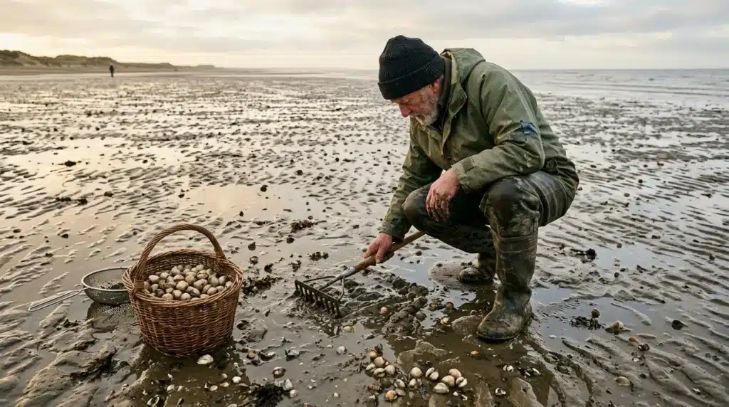 Homme récoltant des coquillages sur une plage avec panier
