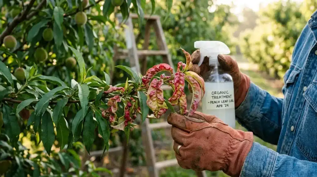 Agriculteur appliquant traitement organique sur feuilles malades de pêcher