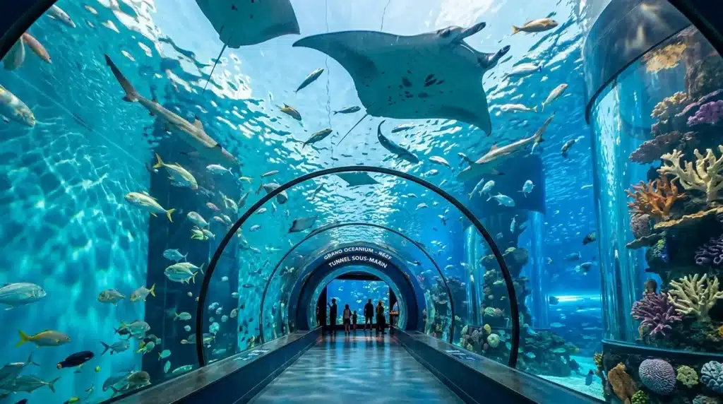 Tunnel transparent entouré de poissons et coraux colorés