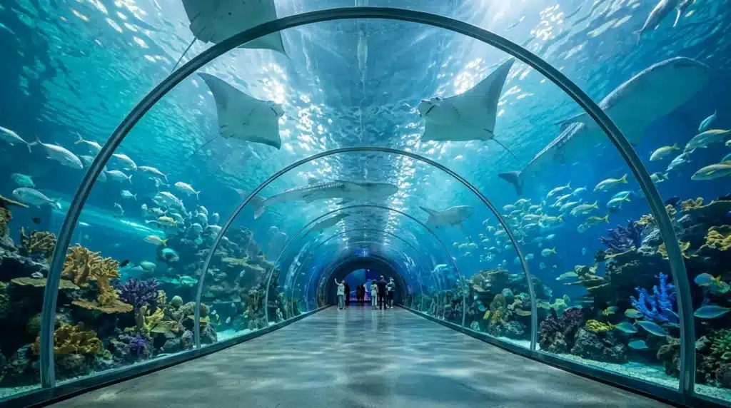 Tunnel transparent entouré de poissons et coraux colorés